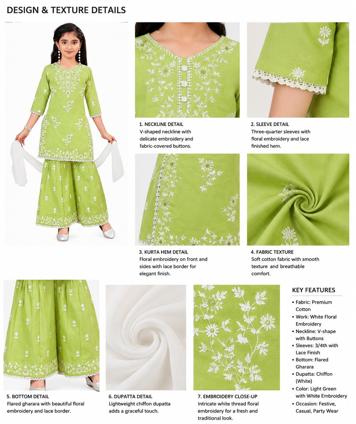 Half Sleeves Threadwork Kurti and Sharara (Green)