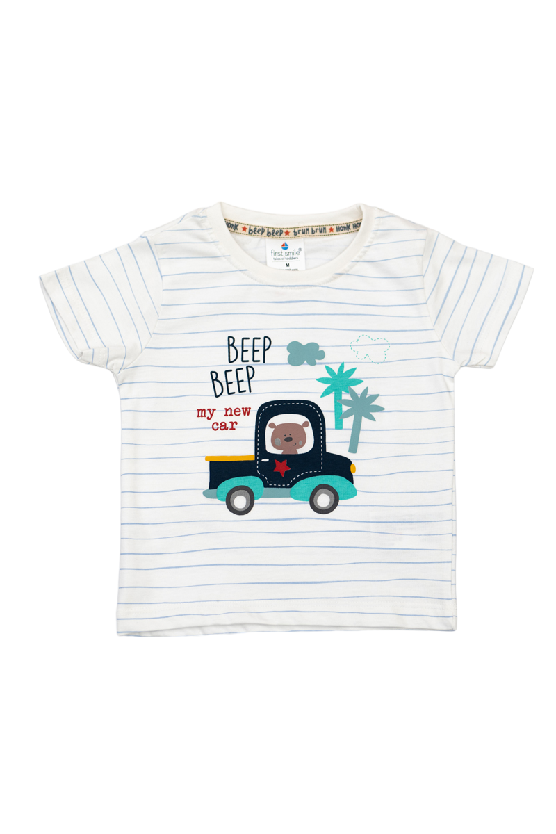 Cotton T-Shirt & Shorts Set (Beep Beep -White & Blue)