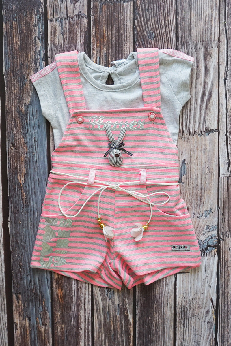Girls Cotton Hosiery Dungaree & Top Set (Pink)