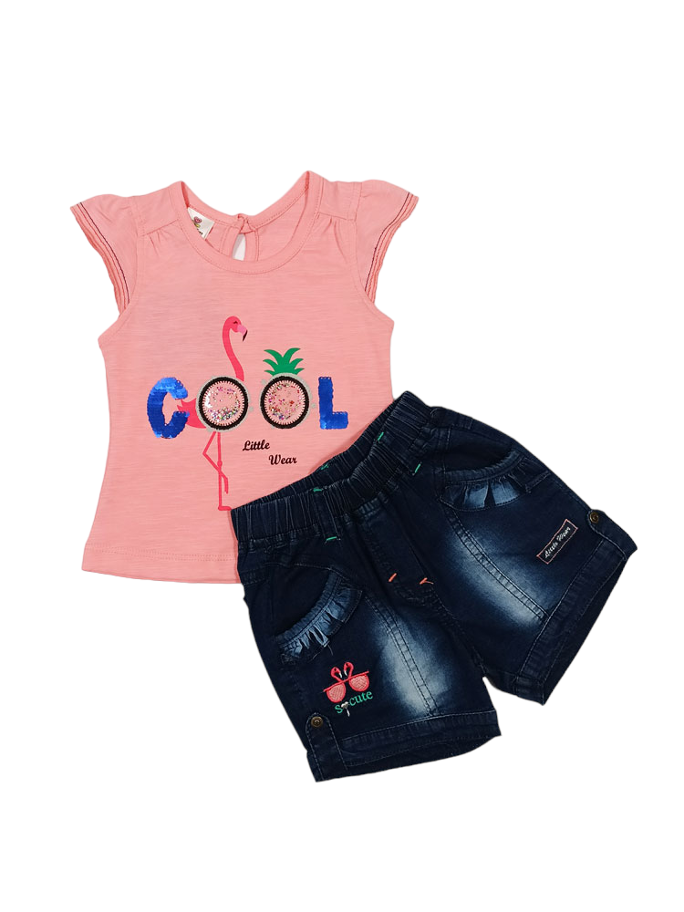 Cool Flamingo Cotton Top with Denim Short