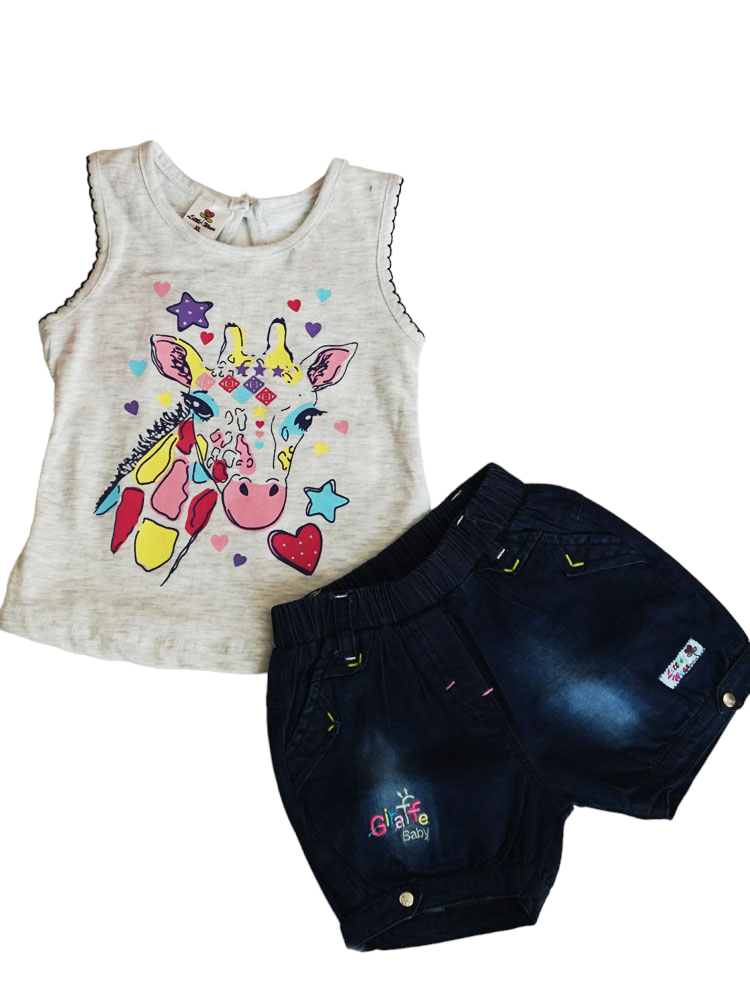 Giraffe Face Cotton Top with Denim Short