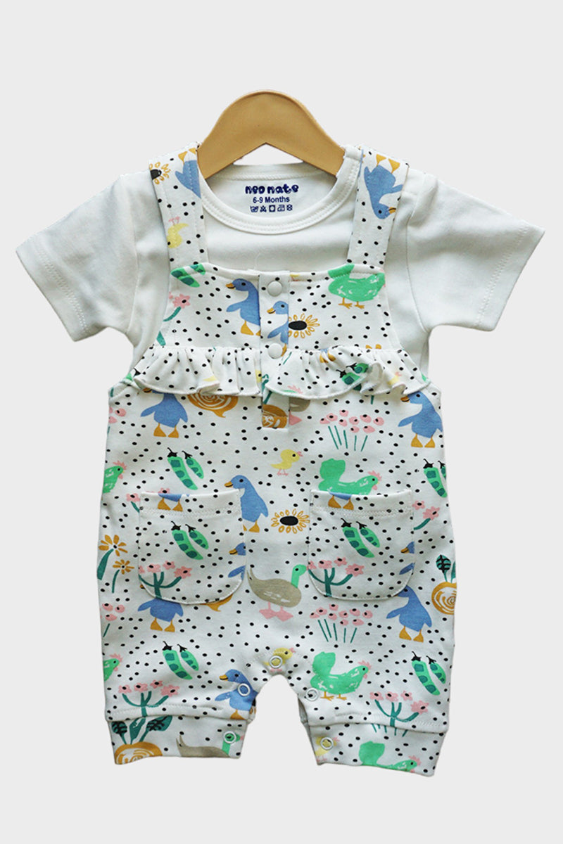 Girls Cotton Top & Printed Dungaree Set (Green)
