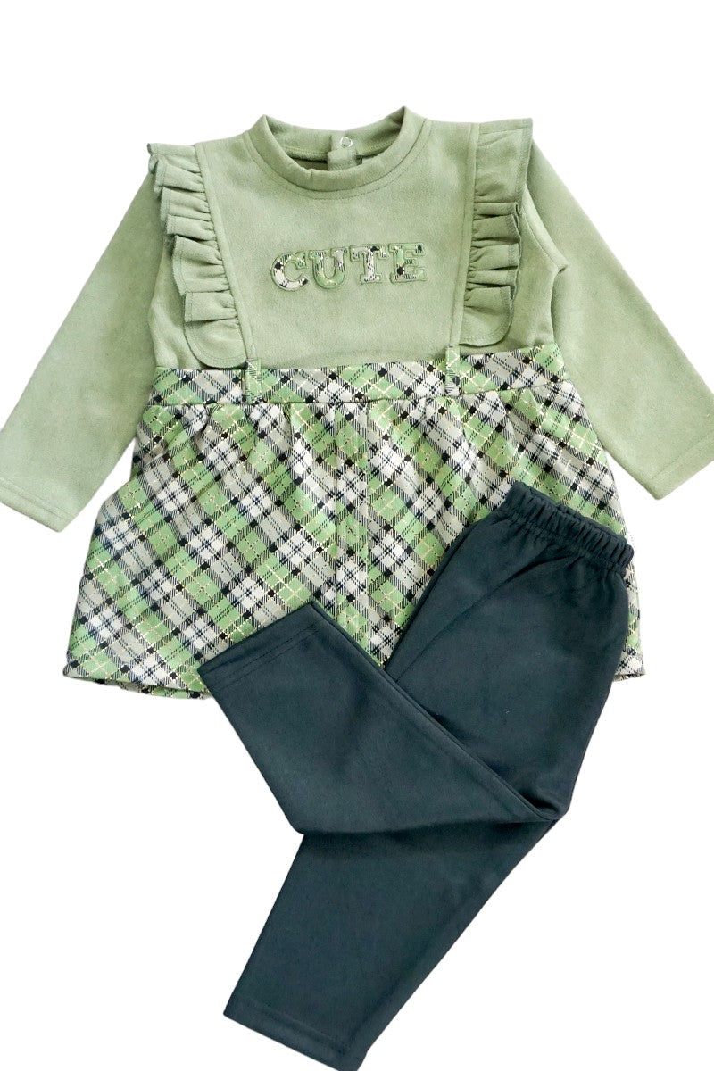 Pre Winter Full Sleeves Frock with Pajami Set (Green)