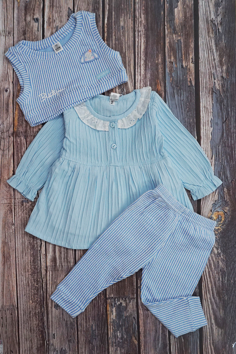 3-Piece Cotton Full Sleeves Frock, Shrug Top & Pajami (Blue)