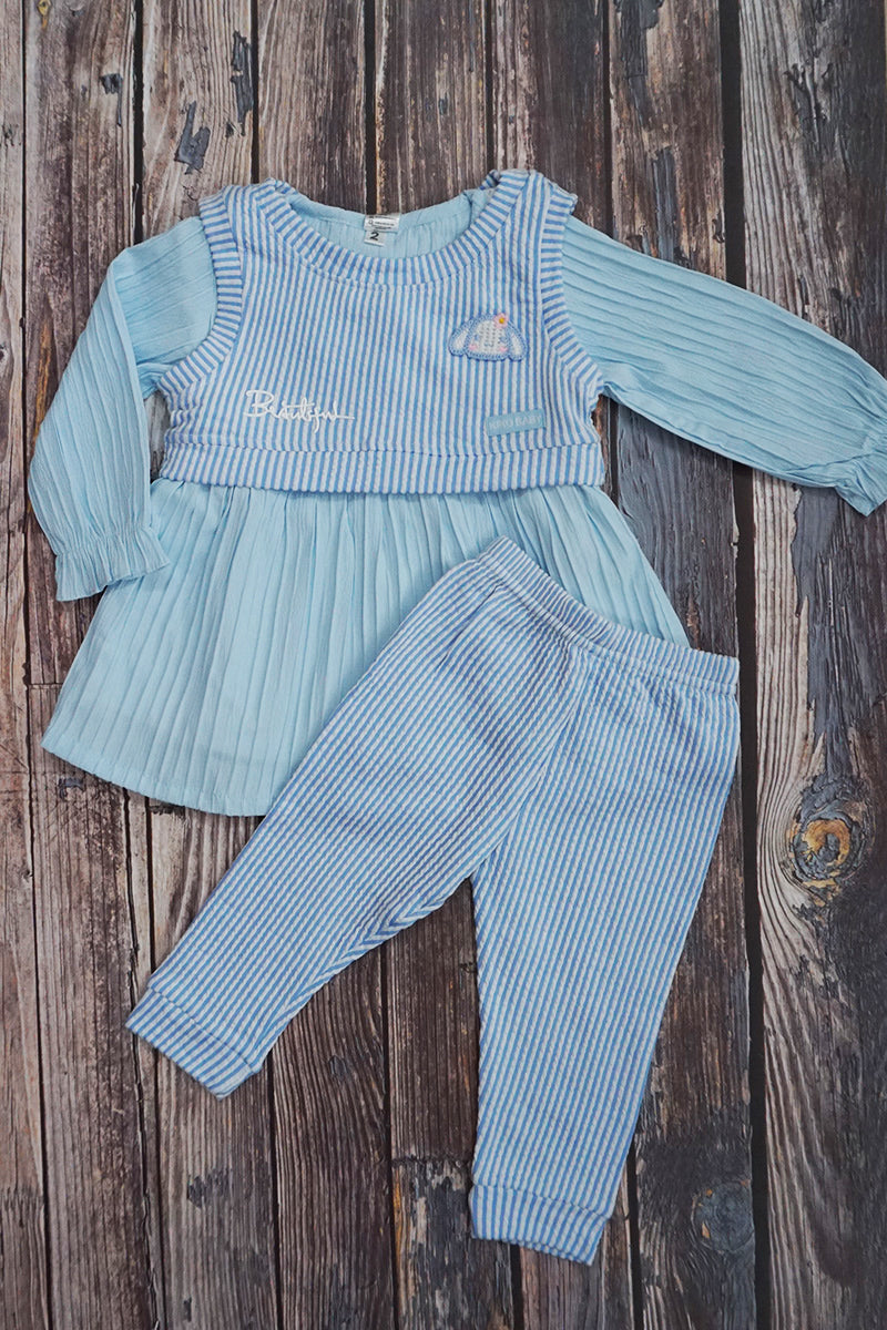 3-Piece Cotton Full Sleeves Frock, Shrug Top & Pajami (Blue)