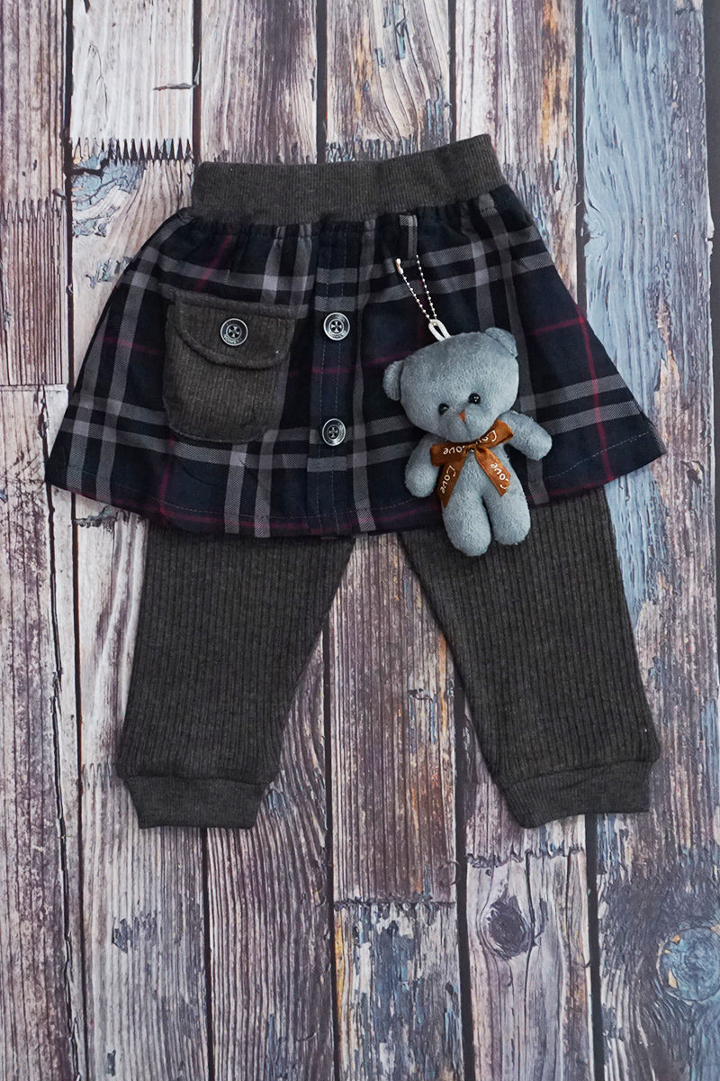 3-Piece Cotton Checkered Skirt with Knitted Top & Pajami (Grey)
