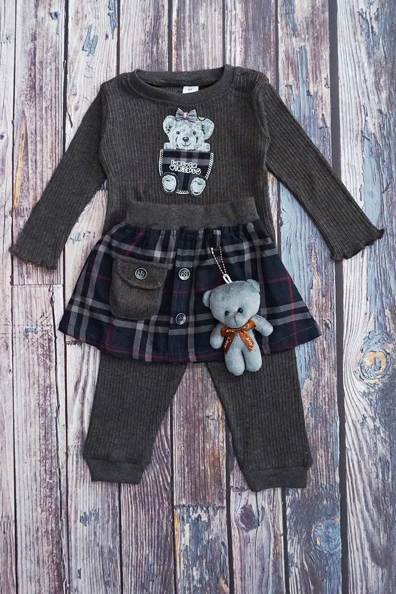 3-Piece Cotton Checkered Skirt with Knitted Top & Pajami (Grey)
