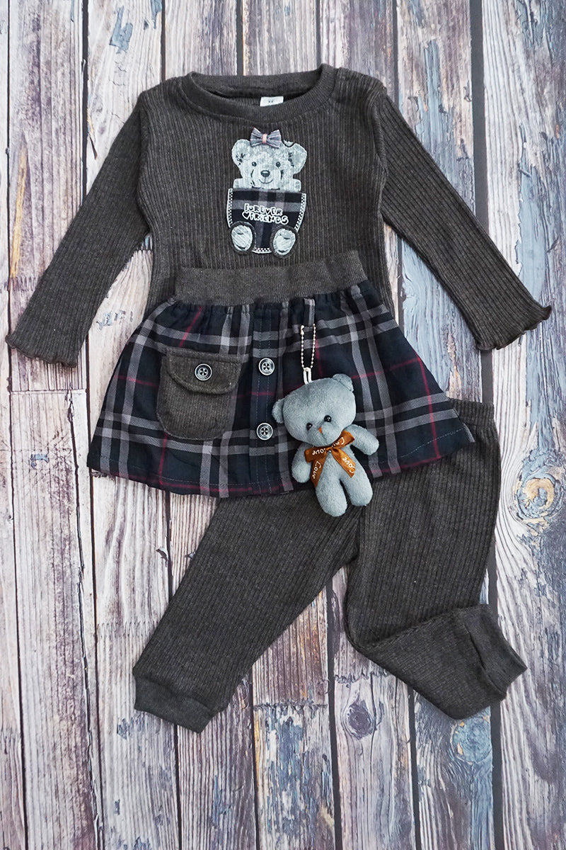 3-Piece Cotton Checkered Skirt with Knitted Top & Pajami (Grey)