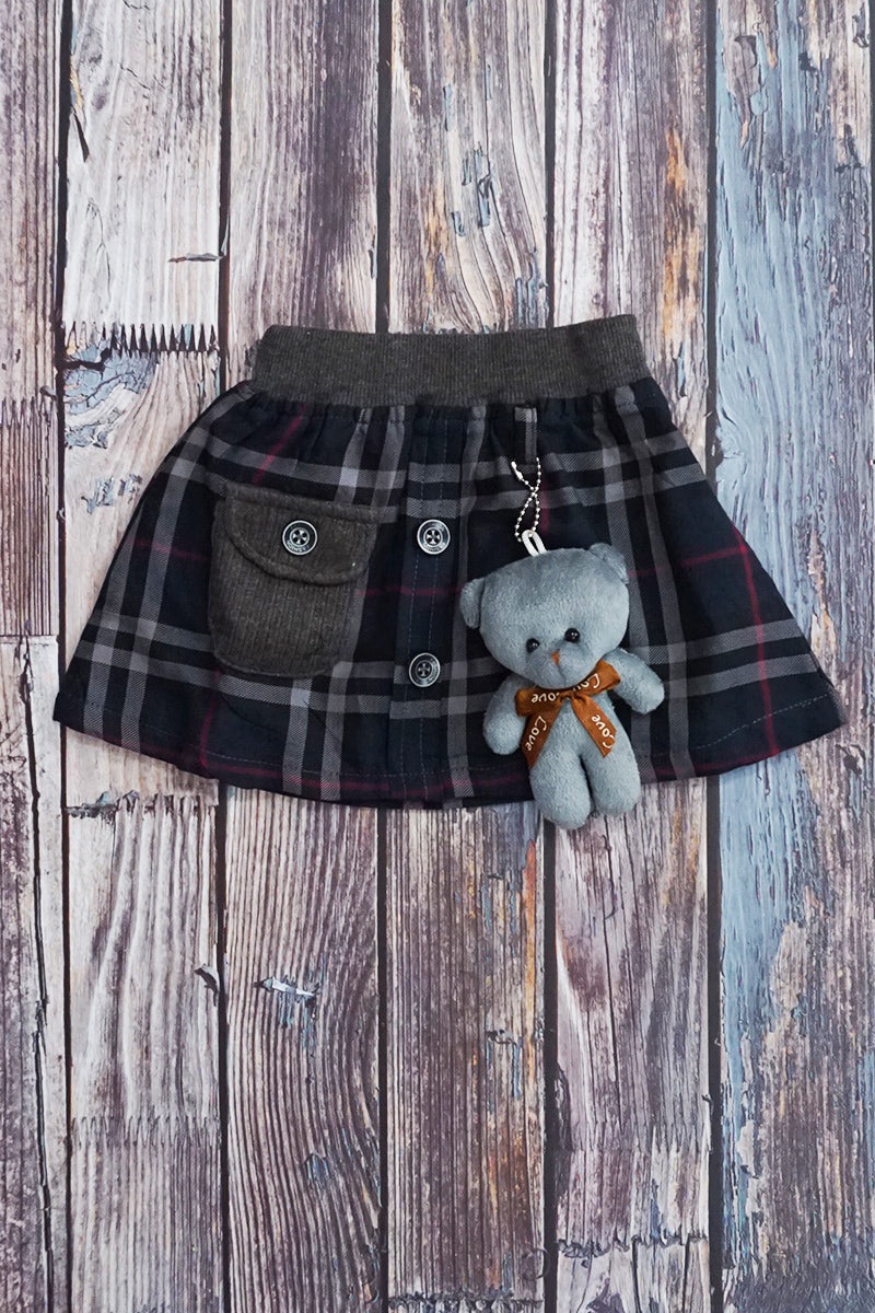 3-Piece Cotton Checkered Skirt with Knitted Top & Pajami (Grey)