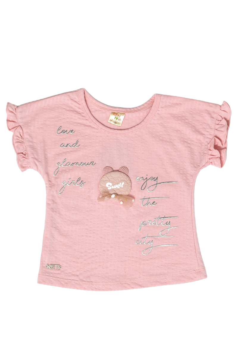 Cotton Top & Frayed Denim Shorts (Pink)
