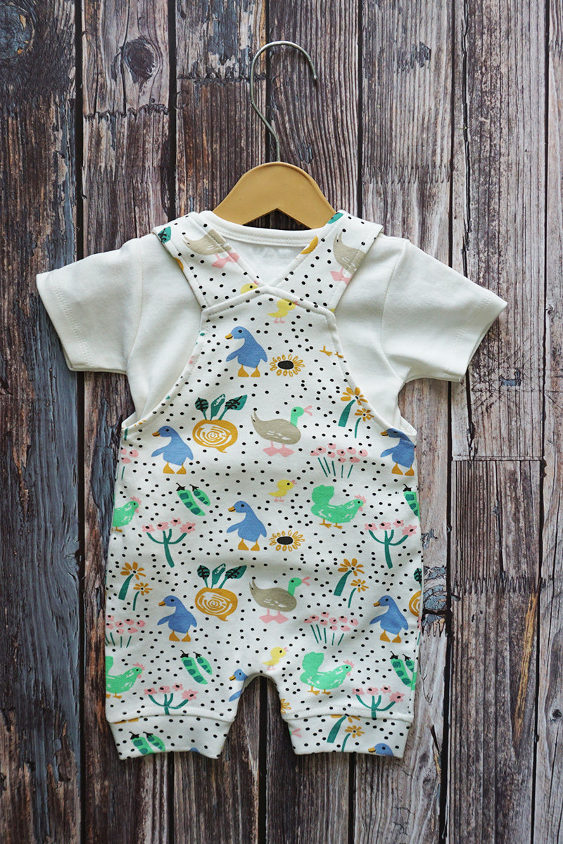 Girls Cotton Top & Printed Dungaree Set (Green)