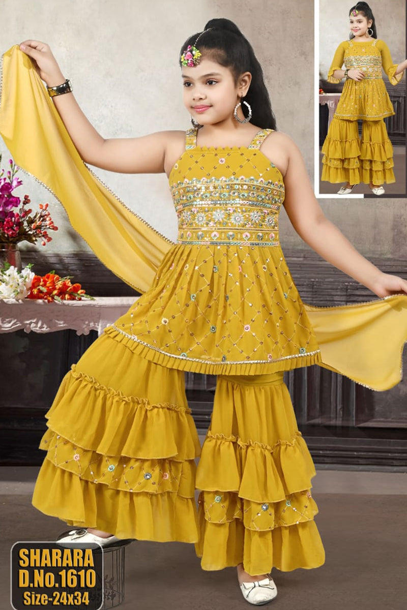 Sharara Suit with Embroidered Spaghetti Kurti (Mustard)