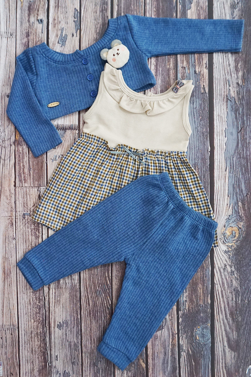 3-Piece Cotton Frock, Shrug & Pajami (Blue)