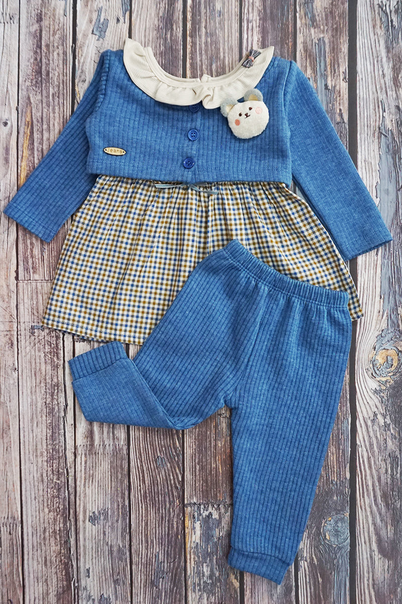 3-Piece Cotton Frock, Shrug & Pajami (Blue)