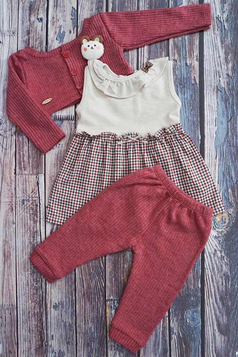 3-Piece Cotton Frock, Shrug & Pajami (Maroon)