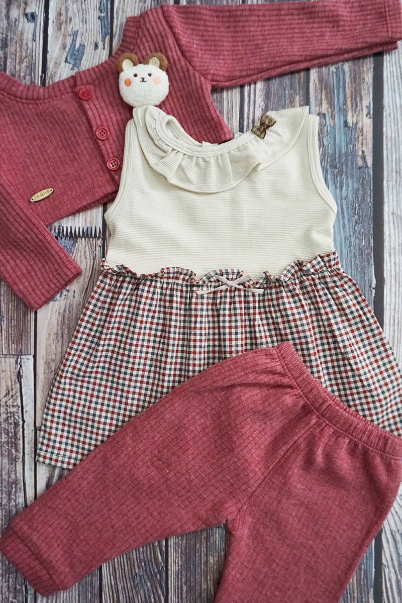 3-Piece Cotton Frock, Shrug & Pajami (Maroon)