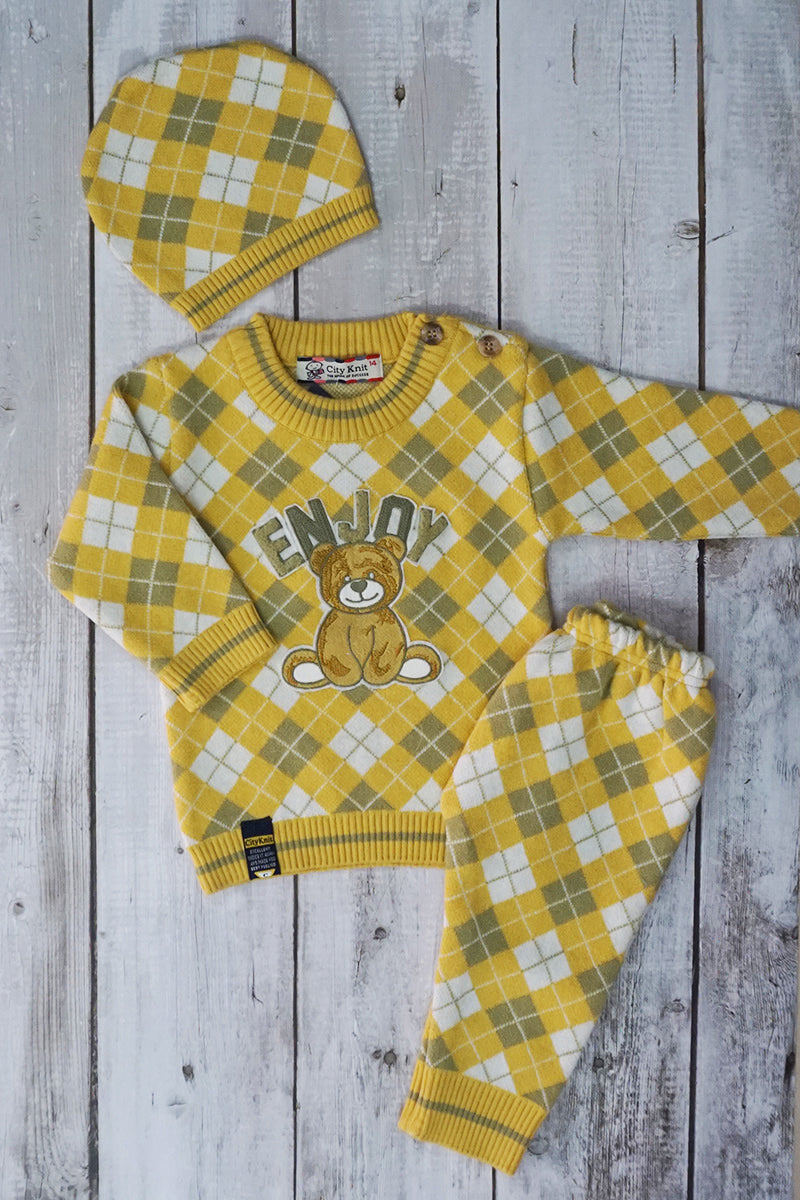 Sweater Knitted Co-ord Set with Cap - Gold