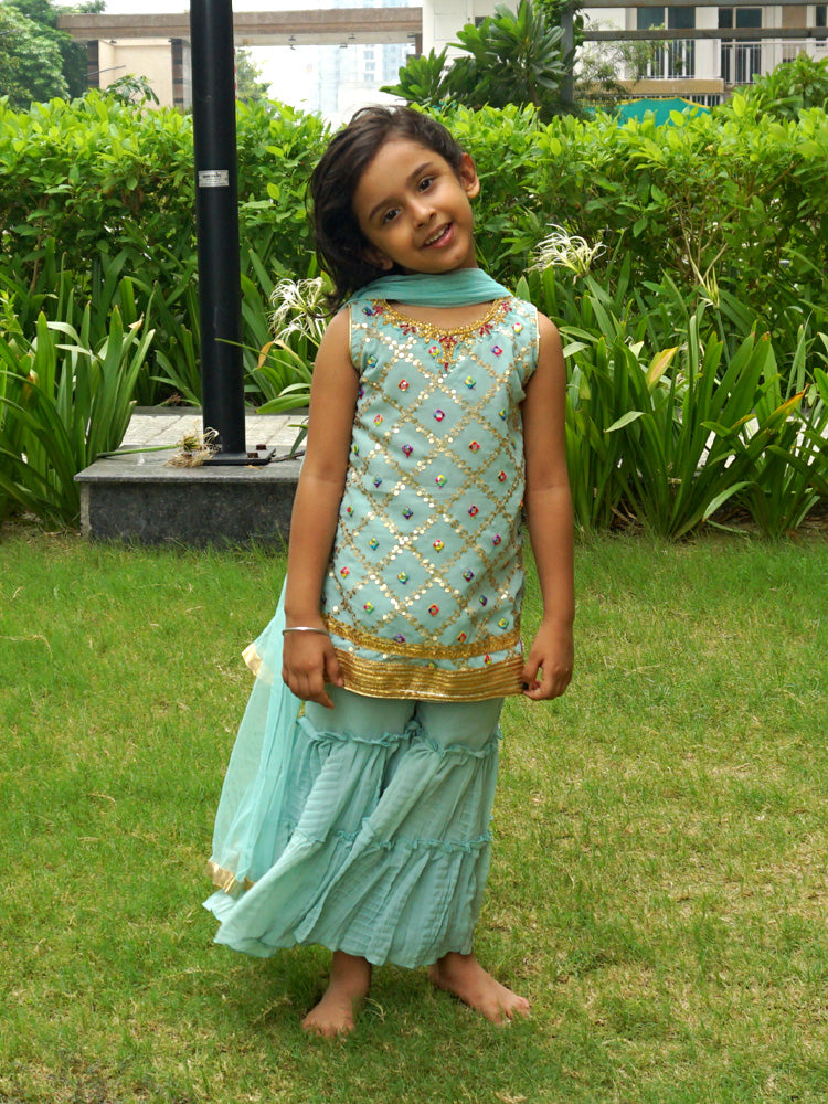 Sequin Embroidered Short Kurti and Sharara Suit