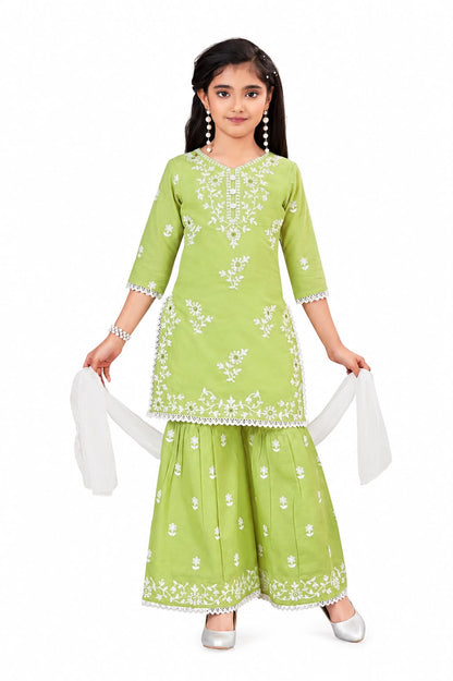 Half Sleeves Threadwork Kurti and Sharara (Green)