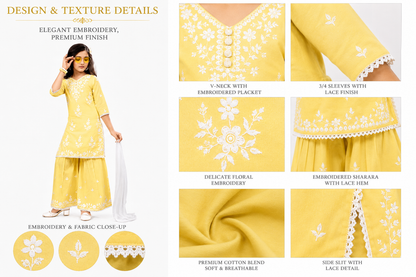 Half Sleeves Threadwork Kurti and Sharara (yellow )