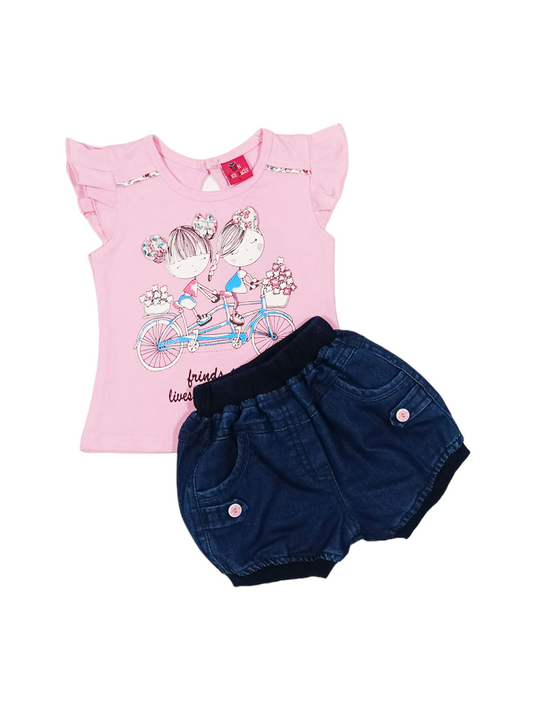 Bow Girls Cotton Top with Denim Short