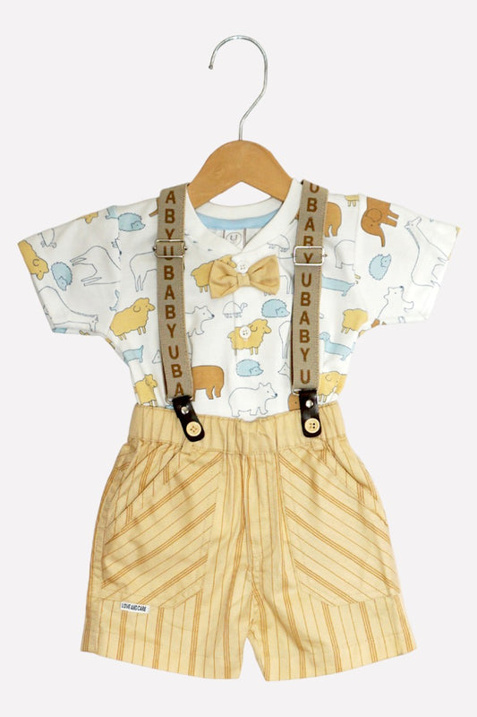 Cotton T-Shirt & Shorts Set with Suspender (Beige)