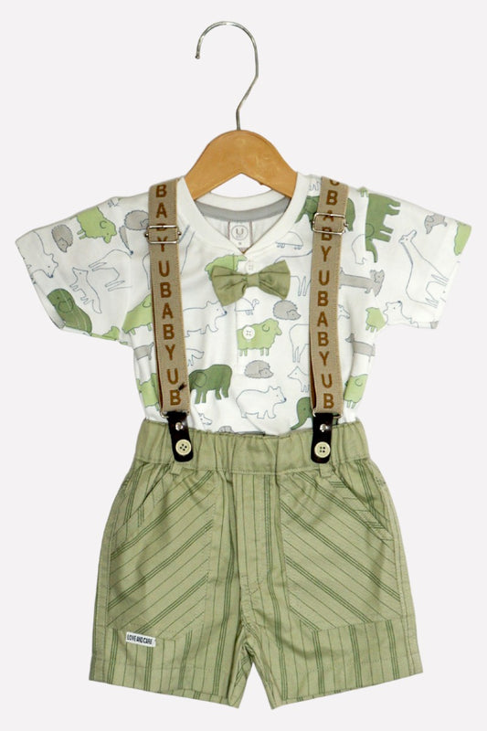 Cotton T-Shirt & Shorts Set with Suspender (Green)