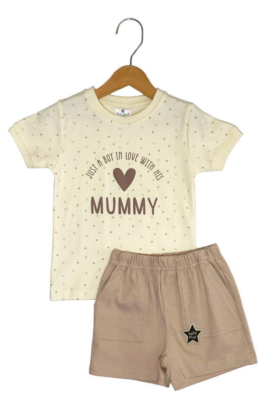 Cotton T-Shirt & Shorts Set (In Love With Mummy - Cream & Beige)