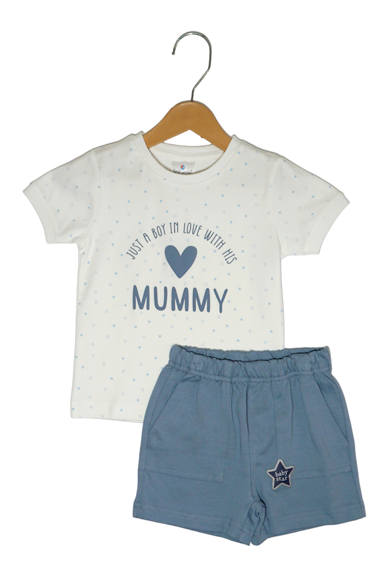 Cotton T-Shirt & Shorts Set (In Love With Mummy - White & Blue)