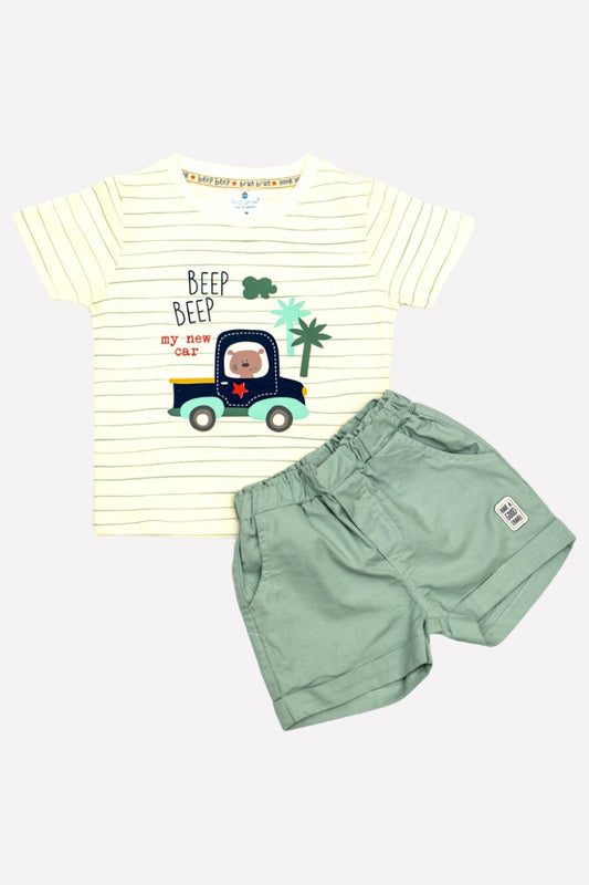 Cotton T-Shirt & Shorts Set (Beep Beep - Cream & Green)