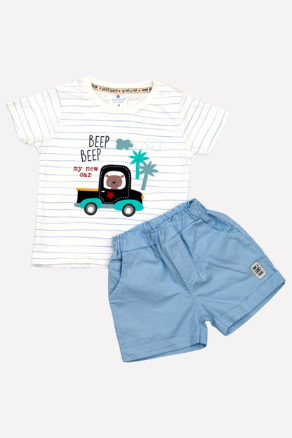 Cotton T-Shirt & Shorts Set (Beep Beep -White & Blue)