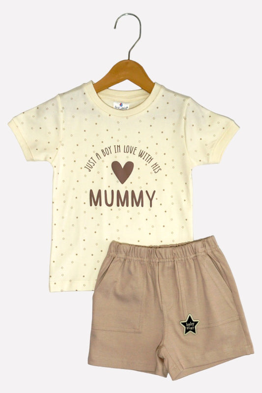 Cotton T-Shirt & Shorts Set (In Love With Mummy - Cream & Beige)