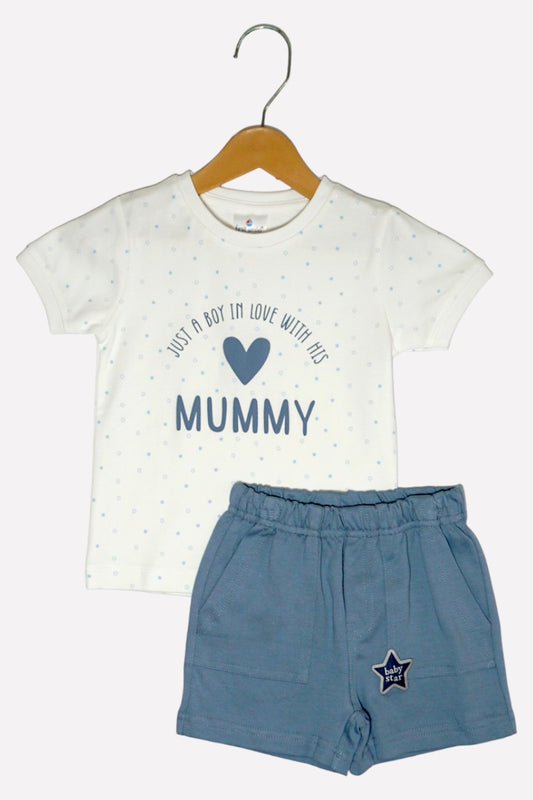 Cotton T-Shirt & Shorts Set (In Love With Mummy - White & Blue)