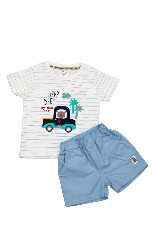 Cotton T-Shirt & Shorts Set (Beep Beep -White & Blue)