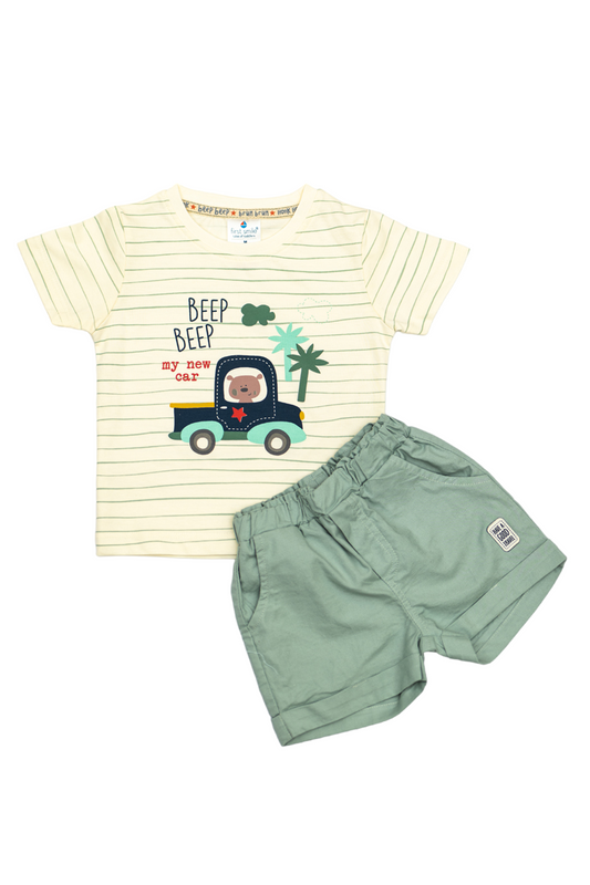 Cotton T-Shirt & Shorts Set (Beep Beep - Cream & Green)