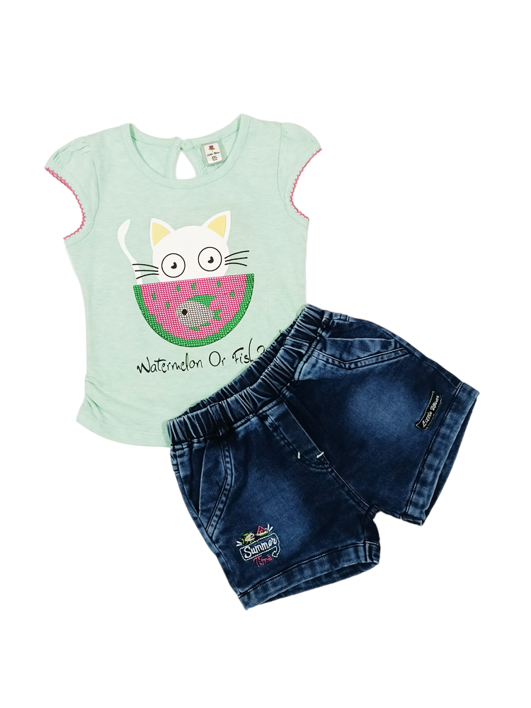 Cat&Fish Cotton Top with Denim Short