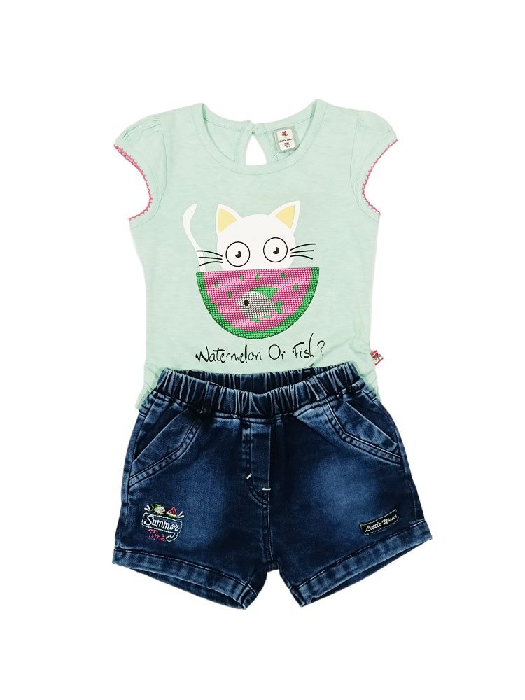 Cat&Fish Cotton Top with Denim Short