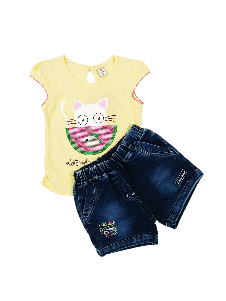 Cat&Fish Cotton Top with Denim Short