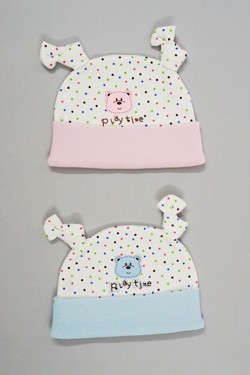 Newborn Baby Cap with Two Knots - Polka Dots Print