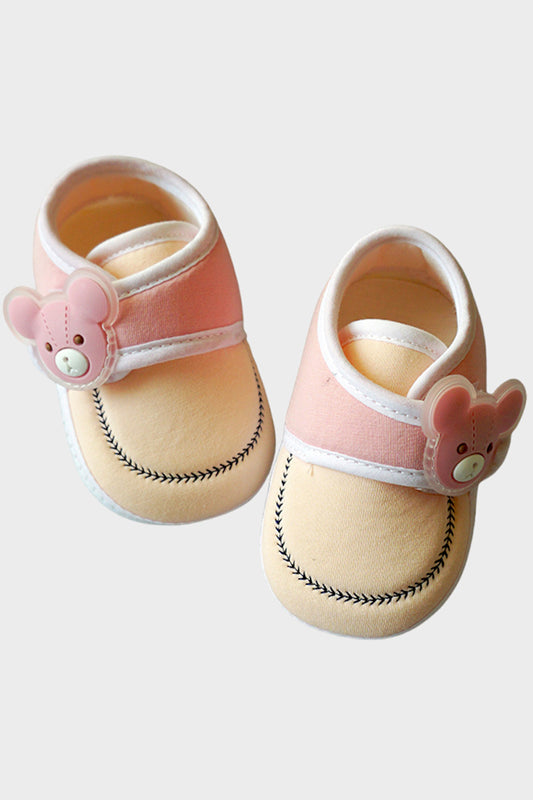 Soft Baby Shoes with Bear Face Tag (Light Peach)