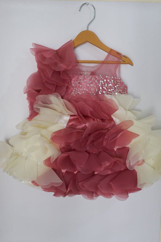 Dual Color Ruffle Flare Party Dress (Wine)