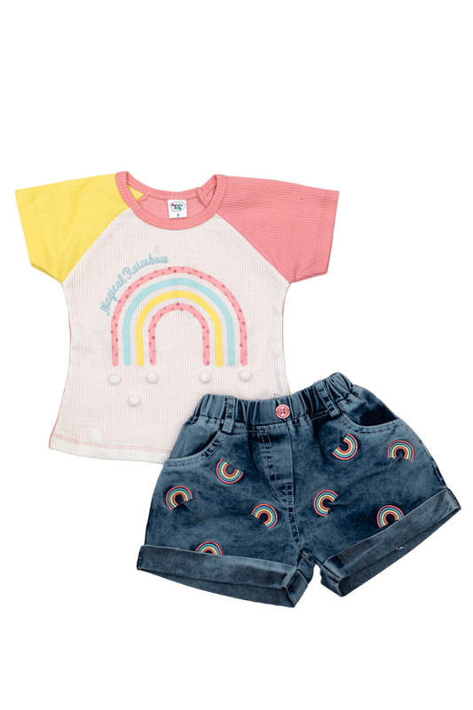 Cotton Top & Denim Shorts (Rainbow Print - Pink)
