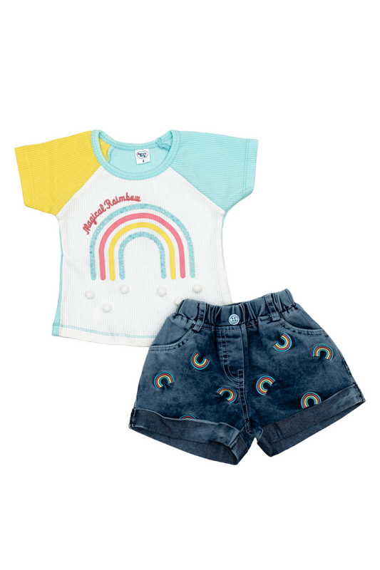 Cotton Top & Denim Shorts (Rainbow Print - Blue)