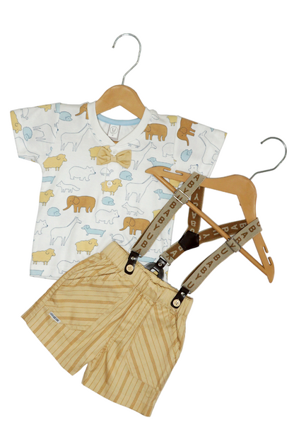 Cotton T-Shirt & Shorts Set with Suspender (Beige)