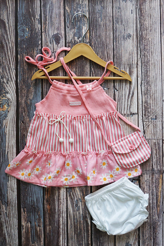 Spaghetti Frock with Bloomer & Cotton Sling Purse (Pink)