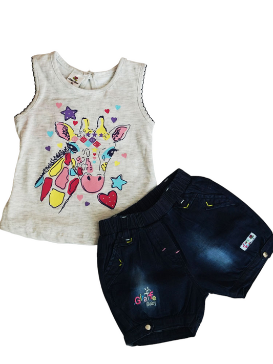 Giraffe Face Cotton Top with Denim Short