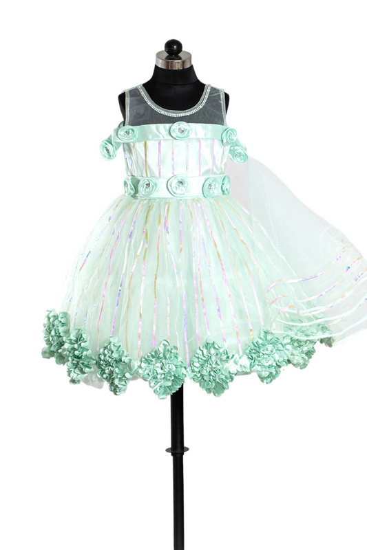 Party Wear Dress with One Shoulder Cape (Sea Green)