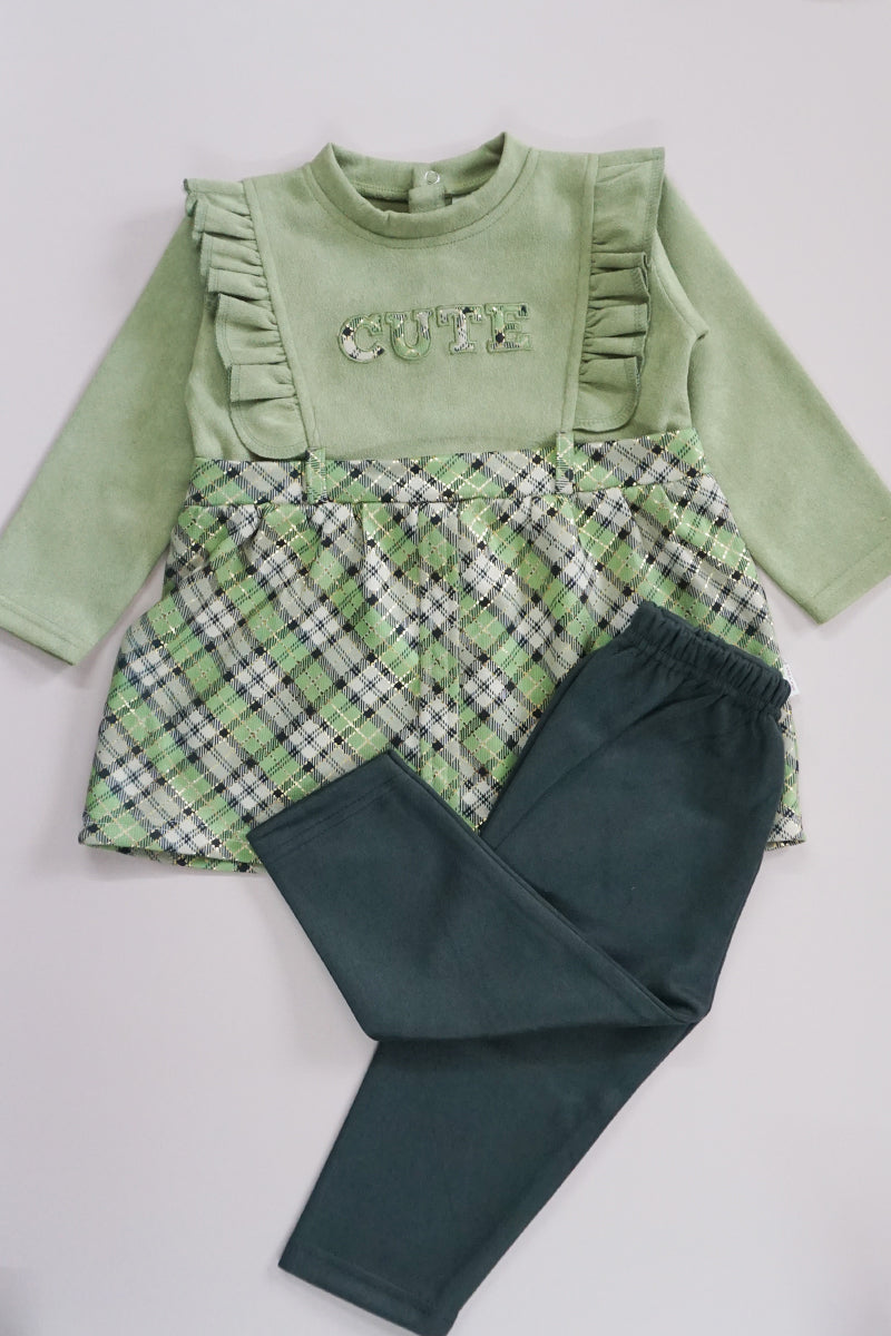 Pre Winter Full Sleeves Frock with Pajami Set (Green)