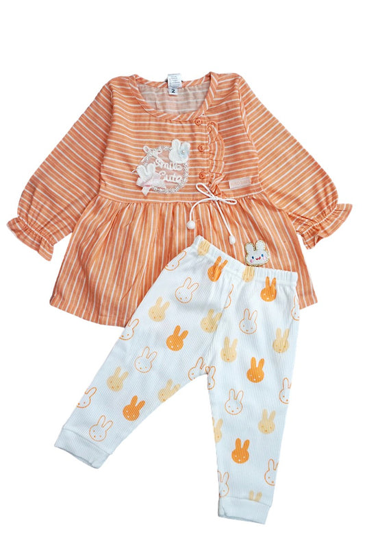 Cotton Weave Frock with Knitted Pajami (Orange & White)