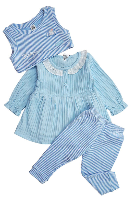 3-Piece Cotton Full Sleeves Frock, Shrug Top & Pajami (Blue)